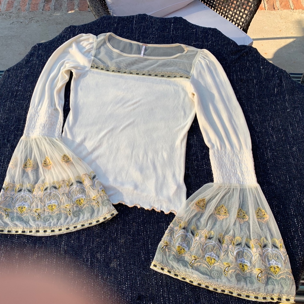 Free People Cream Embroidered Bell Sleeve Sheer Yoke Top